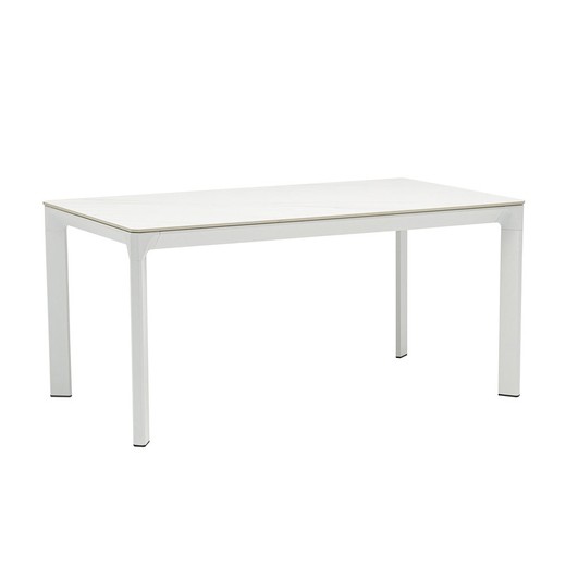 Rectangular aluminum and synthetic stone table in white and light gray, 160 x 90 x 75 cm | Boori