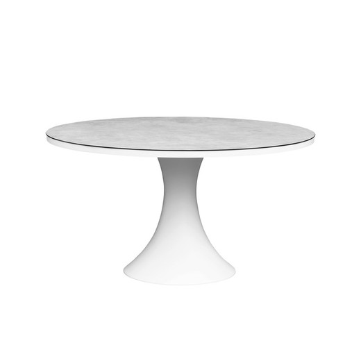 Mesa de comedor redonda de exterior de aluminio y cristal en blanco y gris claro, 135 x 135 x 75 cm | Jenner