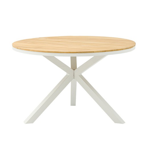 Round aluminum and teak wood table in white and natural, 120 x 120 x 75 cm | sydney