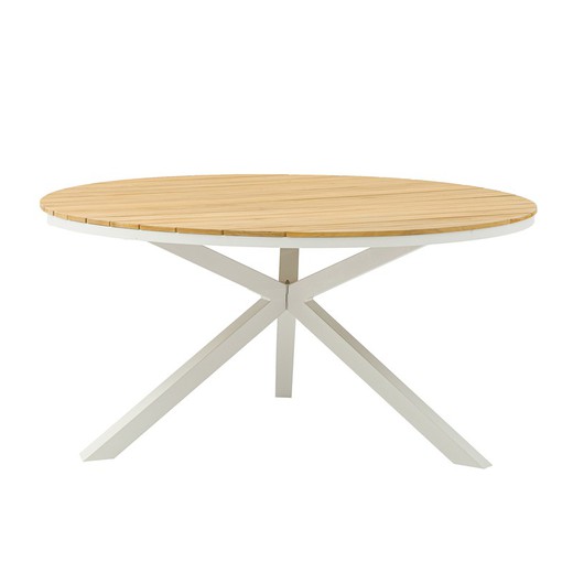 Rundt bord af aluminium og teaktræ i hvid og natur, 150 x 150 x 75 cm | sydney