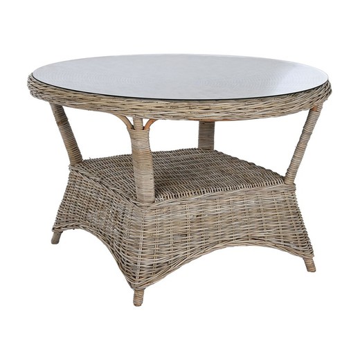 Round garden dining table made of rattan and tempered glass in natural, 120 x 120 x 82 cm | Indonesia