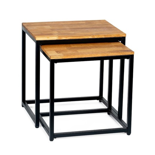 Oak and Black Metal Nesting Tables, 50x40x50cm