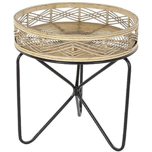 Tavolino in Rattan, Bambù e Metallo Beige/Nero, Ø50x52cm