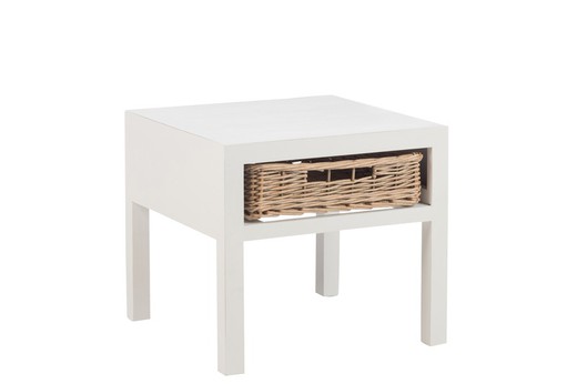 White/Natural Wood BASKET Bedside Table with Basket, 50x50x45 cm