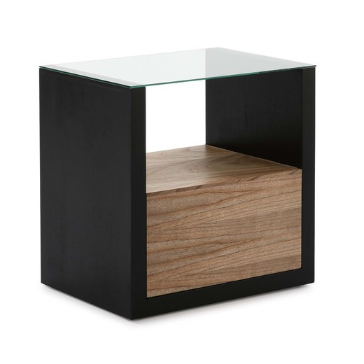 Mesa de cabeceira de vidro e madeira, 60x45x60 cm