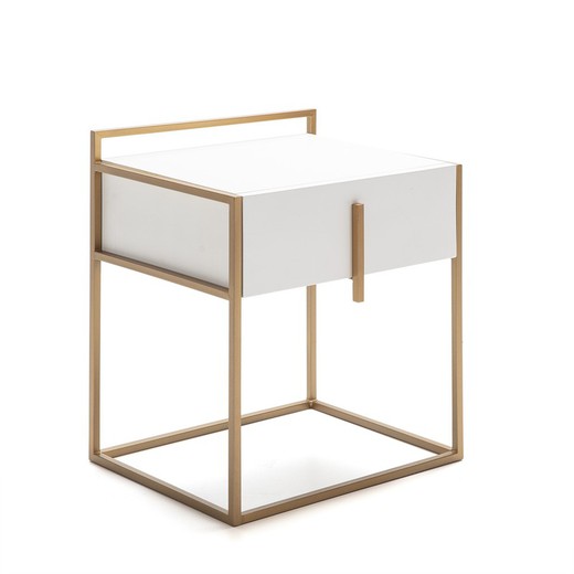 White wood and gold metal bedside table, 50x40x60 cm