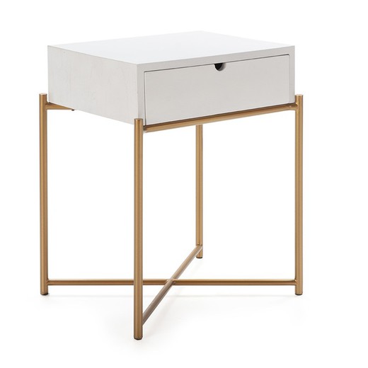 White wood and gold metal bedside table, 50x40x62 cm