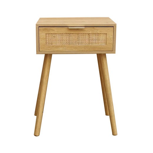 Mesa de cabeceira de madeira natural e rattan, 40 x 30 x 60 cm | Freya