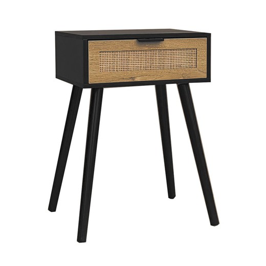 Comodino in legno nero e rattan, 40 x 30 x 60 cm | freya