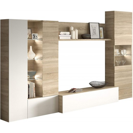 Mueble compacto de salón en blanco y roble, 260 x 42 x 185 cm