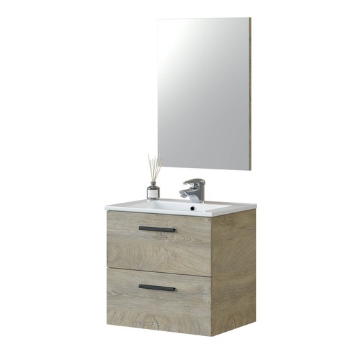 Meuble de salle de bain avec miroir en bois et verre naturel/noir, 60x45x57 cm | ARUBA