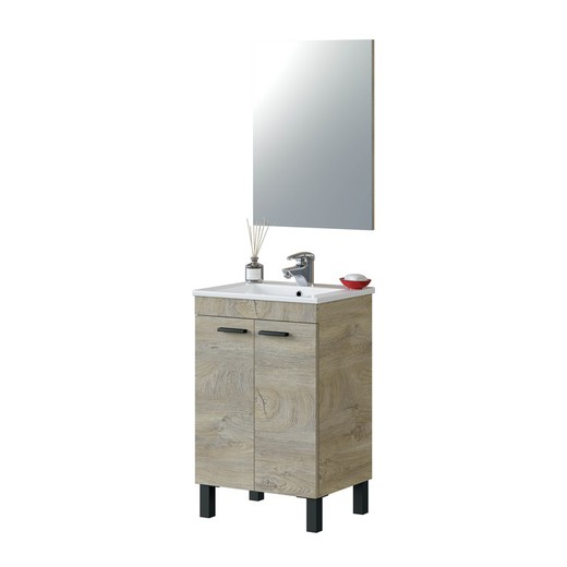 Mueble de baño con espejo de madera y cristal natural/negro, 50x40x80 cm | ATHENA