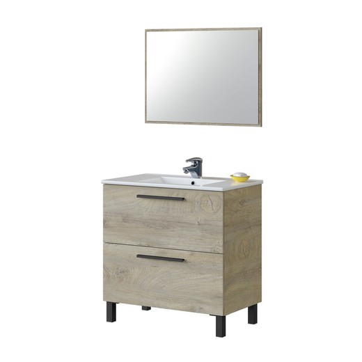 Bathroom cabinet with mirror in wood and natural/black glass, 80x45x80 cm | ATHENA
