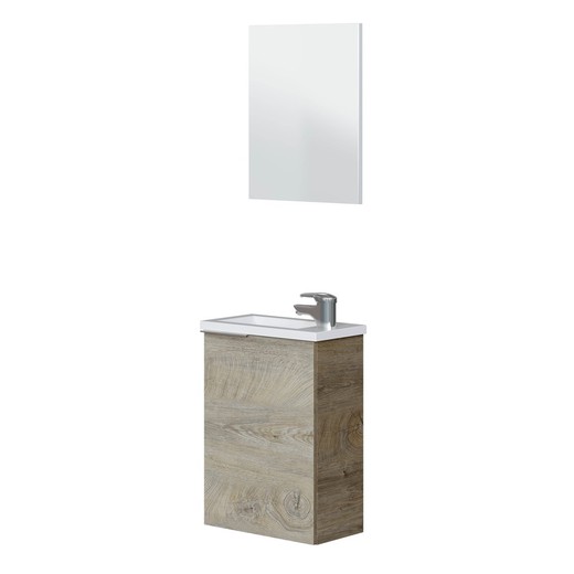 Bathroom cabinet with mirror in wood and natural/white resin, 40x22x58 cm | COMPACT