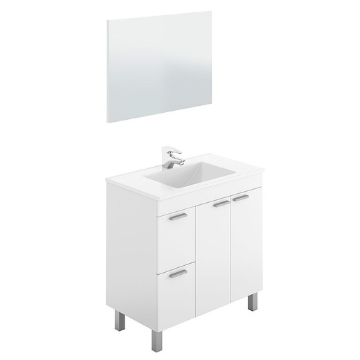 Gabinete de lavatório branco brilhante com 2 portas, 2 gavetas e espelho, 80 x 45 x 80 cm