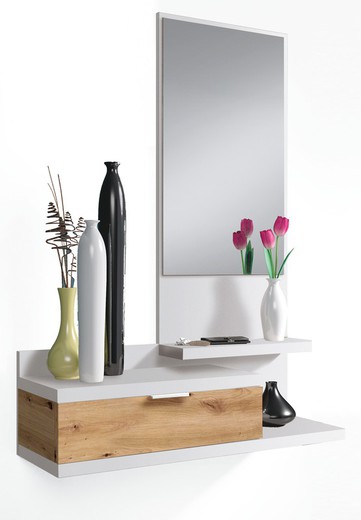 Mueble recibidor con espejo y cajón Bobbie acabado blanco-madera