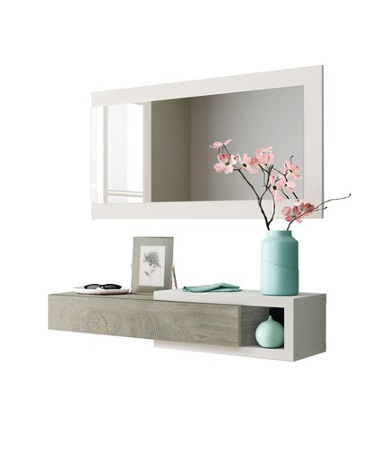 Mueble recibidor con espejo de madera natural/blanco, 95x26x19 cm | NOON