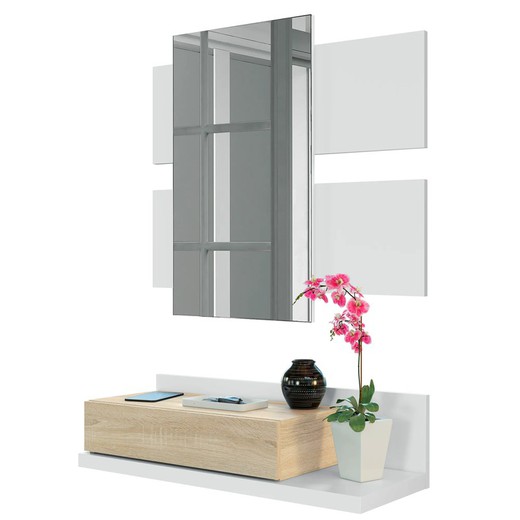 Mobile ingresso con specchio e 1 cassetto in bianco e rovere, 75 x 29 x 20 cm