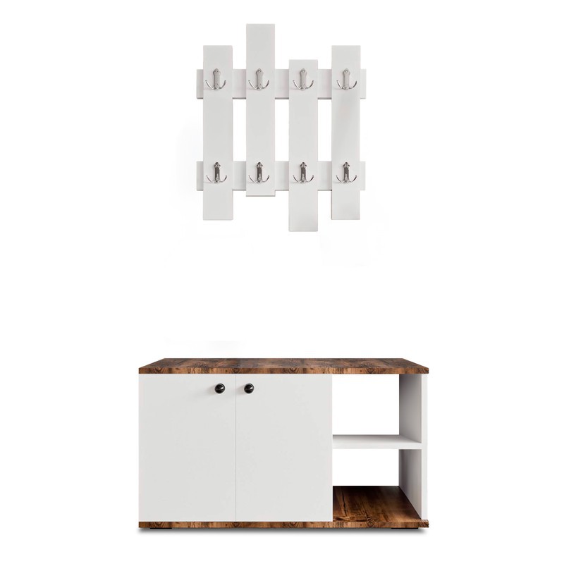 Mueble recibidor con espejo de madera blanco/natural, 81x29x116 cm