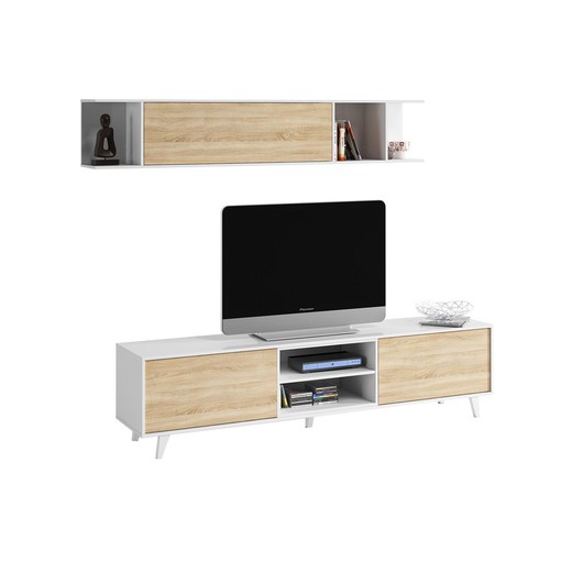 Mueble TV con estante para colgar en blanco brillo y color roble, 180 x 41 x 51 cm