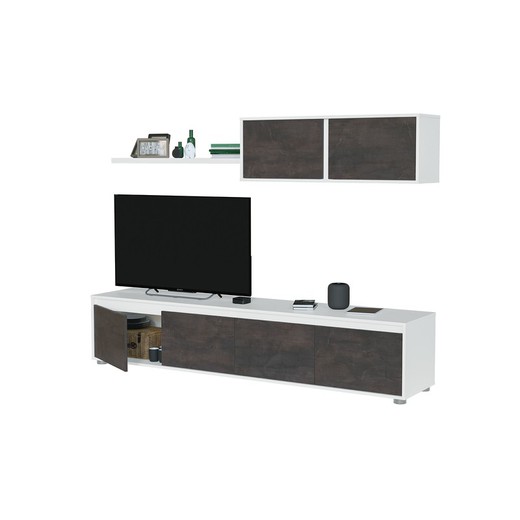 Meuble TV avec étagère suspendue en blanc brillant et rouille, 200 x 41 x 43 cm