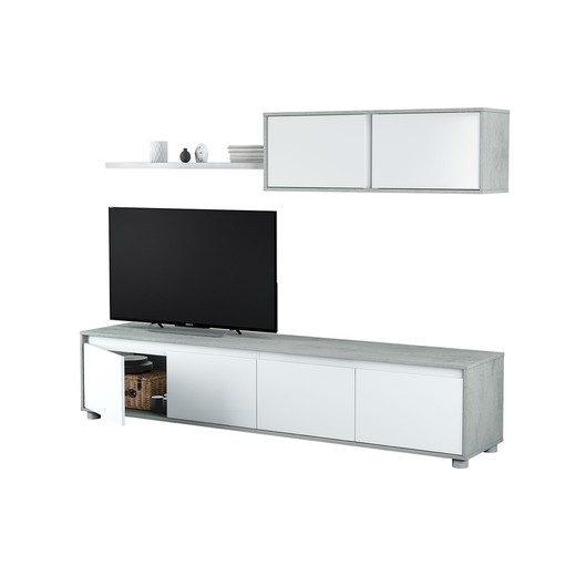 Mueble TV con estante para colgar en color blanco y cemento, 200x41x43 cm
