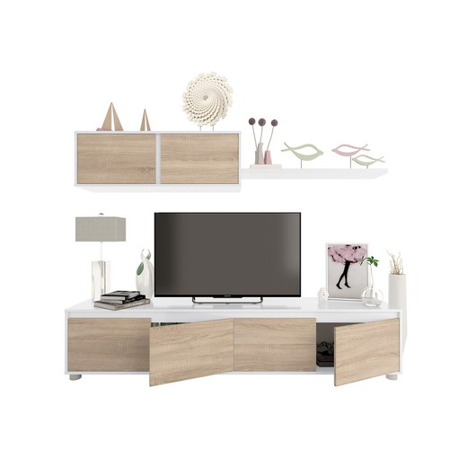 Meuble TV avec étagère suspendue en chêne et blanc, 200 x 41 x 43 cm