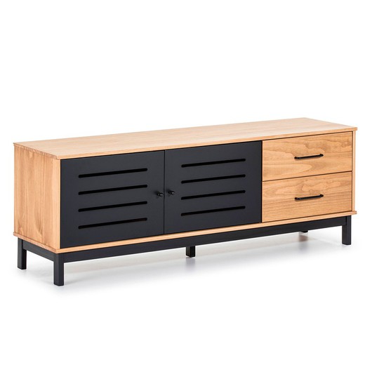 Pine TV stand in natural pine and black, 141 x 37 x 50,5 cm | Alessia