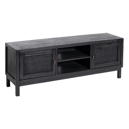 Tv-meubel in mindi hout en zwart rotan, 150 x 40 x 55 cm | Schaduw