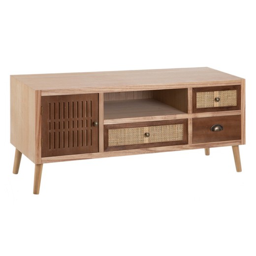 Mueble TV de madera de paulonia y ratán en natural y crema, 120 x 40 x 52 cm | Sasha