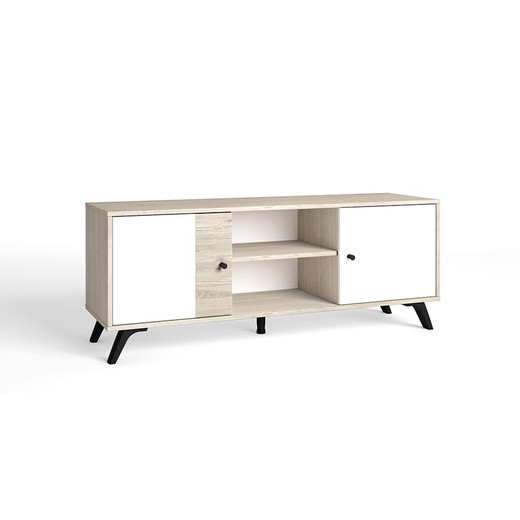 Wooden TV cabinet in natural and white, 136.3 x 40 x 53.1 cm | Sahara