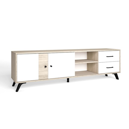 Wooden TV cabinet in natural and white, 180.5 x 40 x 53.1 cm | Sahara