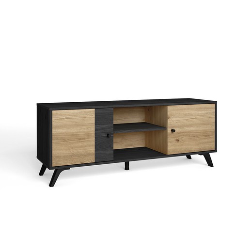 TV cabinet in black and natural wood, 136.3 x 40 x 53.1 cm | bocami