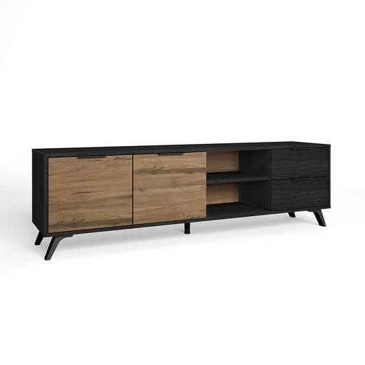 Tv-meubel in zwart en naturel hout, 180,5 x 40 x 53 cm | Noach