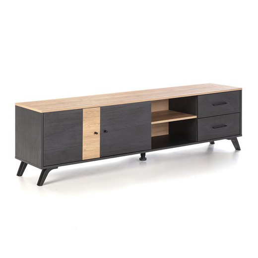 Mueble TV de madera en negro y natural, 180,5 x 40 x 53 cm | Texas