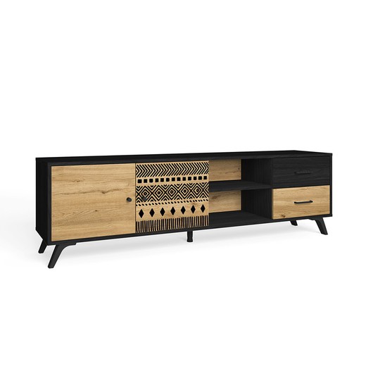 Tv-meubel in zwart en naturel hout, 180,5 x 40 x 53,1 cm | Afrika