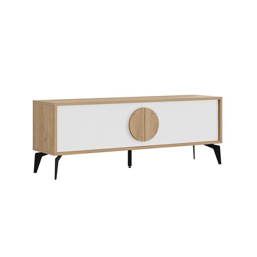 Mueble TV de madera y metal en blanco y color roble, 140 x 35 x 51 cm | Vae