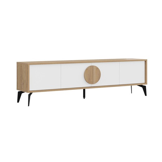 Mueble TV de madera y metal en blanco y color roble, 180 x 35,7 x 50,8 cm | Vae