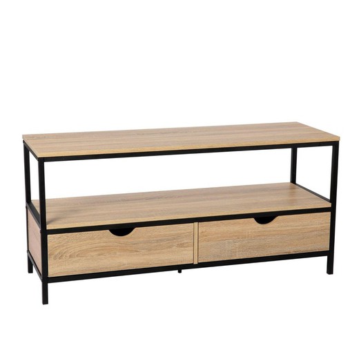 Wood and metal TV cabinet in natural and black, 120 x 39 x 57 cm