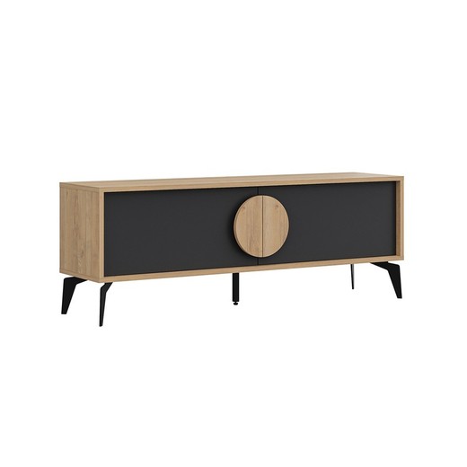 Mueble TV de madera y metal en negro y color roble, 140 x 35 x 51 cm | Vae