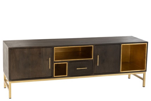 JANIS TV-meubel van mangohout en bruin/goud ijzer, 180x46x62 cm