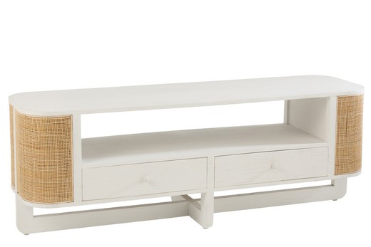 MOLLY Rounded TV Cabinet in Wood and White/Natural Rattan, 140x40x50 cm