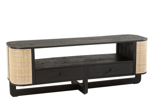 MOLLY Rounded Wood and Black/Natural Rattan TV Cabinet, 140x40x50 cm