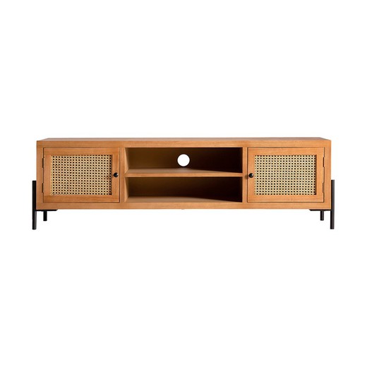 Mueble TV Zetel de madera, ratán y hierro en natural, 150 x 40 x 50 cm