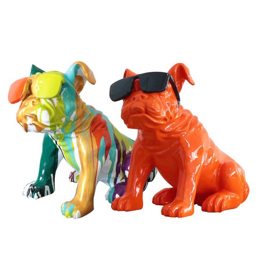 Pack descuento de 2 bulldogs sentados con gafas en poliresina naranja y multicolor, 40x23x34 cm