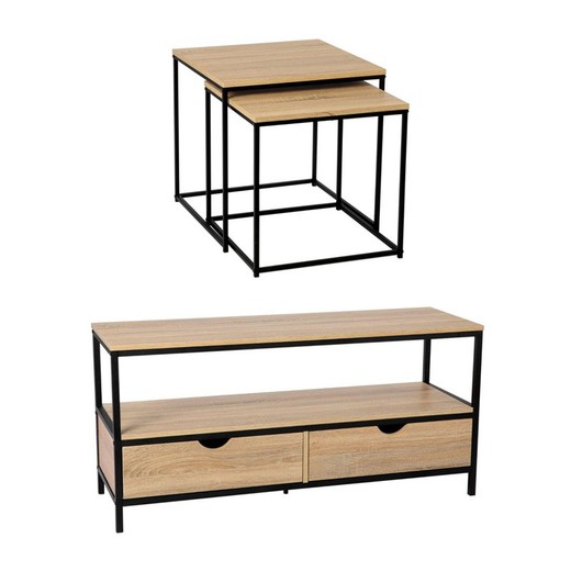 Pack of 2 side tables and TV cabinet in wood and iron