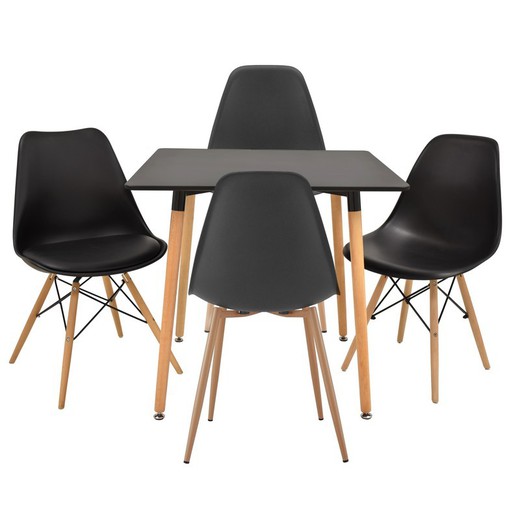 Pack of black beech wood dining room and 4 black polypropylene chairs