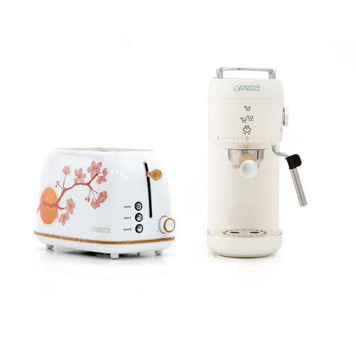 Pack of white electrical appliances with oriental motifs, 1 toaster + 1 coffee maker