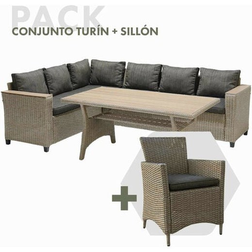Confezione da giardino Torino con divano ad angolo e poltrona