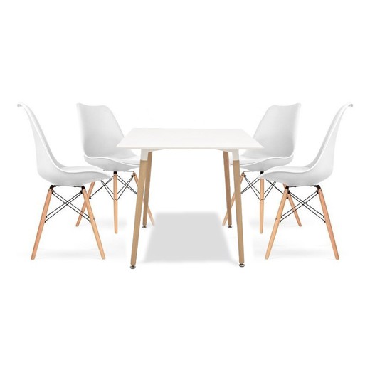 Pack of beech wood dining table and 4 White/Natural dining chairs